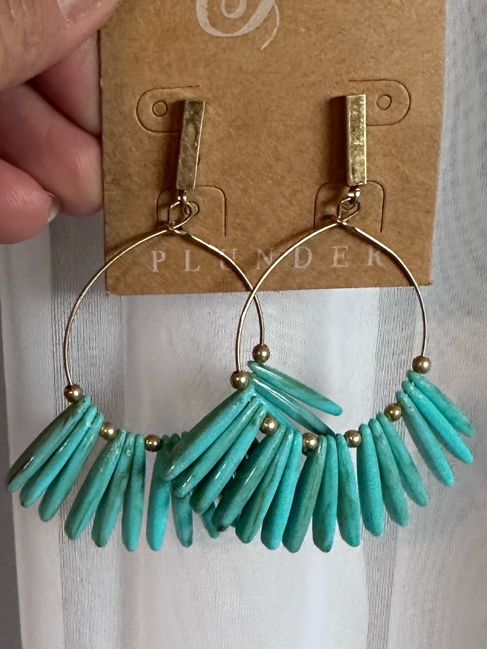 Plunder Gold Hoop Post Earrings with Faux Turquoise Chip Dangles